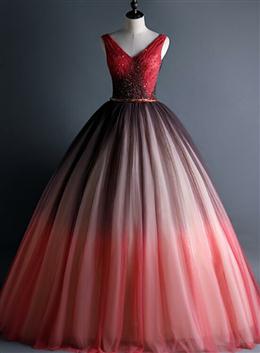 Picture of Pretty Red Color Gradient Tulle Beaded V-neckline Sweet 16 Gown, Gradient Long Prom Dresses